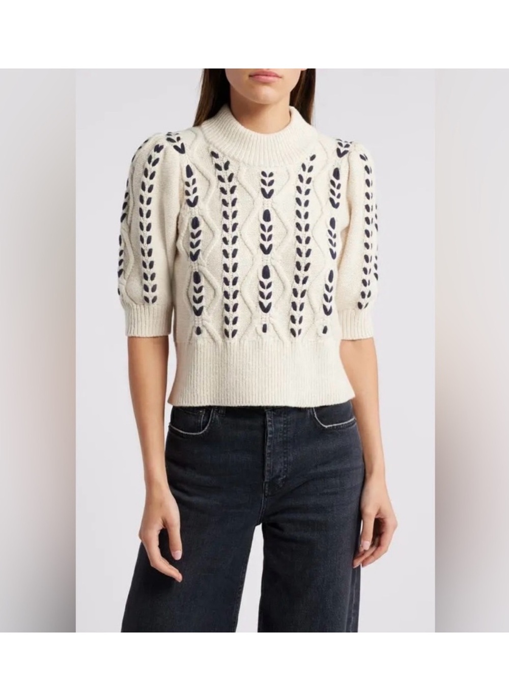 Rails Cream Short-Sleeve Knit Sweater with Navy Pattern